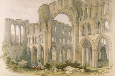 Abadia de Rievaulx, o transepto e o coro, de «As ruínas monásticas de Yorkshire», gravado por George Hawkins (1819-52), 1843